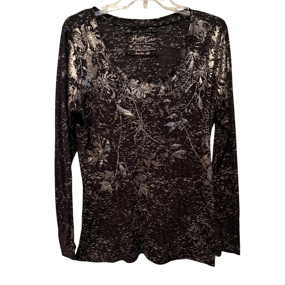 Point Zero Y2K Graphic Foil Burnout Long Sleeve Top Black Silver Floral Goth L